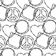 Obraz premium Barbwire seamless pattern with hearts and peace sign. Hand drawn vector illustration in sketch style. Background for military, security, prison, slavery concepts