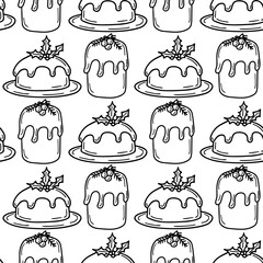 Seamless pattern with traditional Christmas cake and cocoa with marshmallows in doodle style