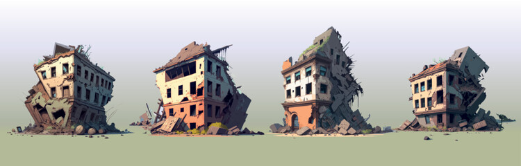 Set of cartoon ruined abandoned houses and car. Destroyed city buildings after earthquake or war destruction. Damaged town with old broken dilapidated dwelling after explosion or natural disaster.