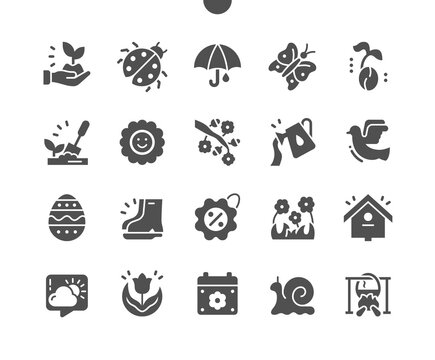 Spring. Nature, umbrella, butterfly, birdhouse, tulip and other. Spring mood. Vector Solid Icons. Simple Pictogram