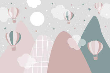 Vector hand drawn childish wallpaper with mountains, balloons and clouds. Modern 3D wallpaper for the children's room. Doodle style.	