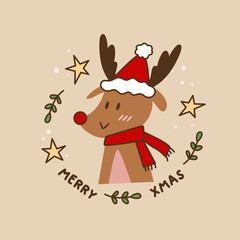 Cute cartoon christmas new year deer in red santa hat vector illustration on brown background. New Year's print for cards.