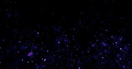 Fototapeta na wymiar Purple and blue beautiful bright glowing shiny star particles flying in the galaxy in space energy magic with blur and bokeh zoom effect. Abstract background, intro