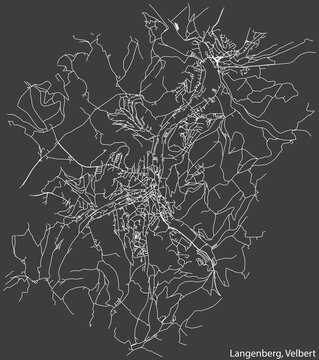Detailed negative navigation white lines urban street roads map of the LANGENBERG MUNICIPALITY of the German regional capital city of Velbert, Germany on dark gray background