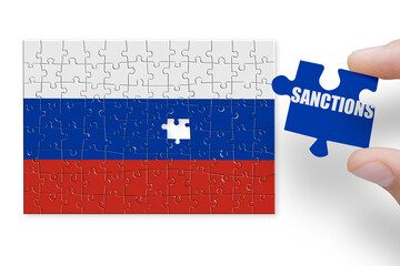 Puzzle made from Russia flag. Sanctions and embargo for Russian war and aggression in Ukraine