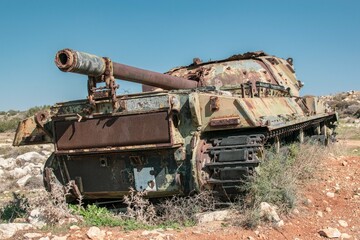 Fototapeta na wymiar Old, destroyed tank in Cyprus. Military compound on the coast. 
