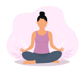 Fototapeta na wymiar A woman is sitting in the lotus position with her legs crossed in the lotus position, doing yoga asanas. Vector graphics.