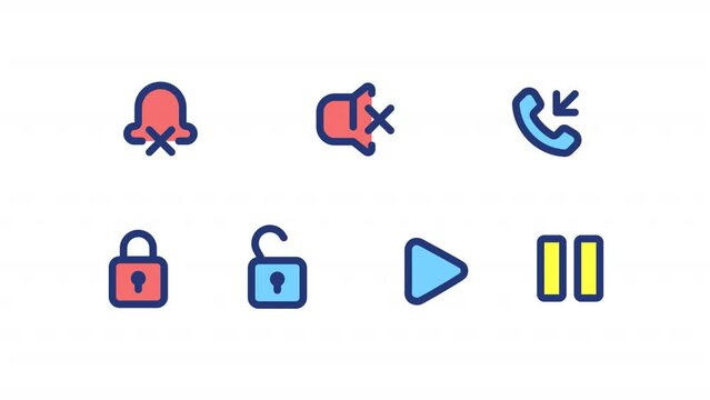 Animated mobile app color ui icons. Smartphone program controls. Multimedia player. Seamless loop HD video with alpha channel on transparent background. Simple filled line RGB pictogram animation