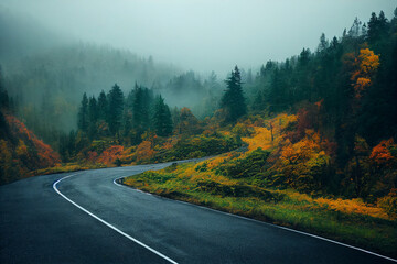 Road through dark misty forest on a rainy day