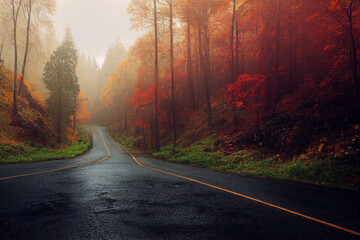 Road through dark misty forest on a rainy day