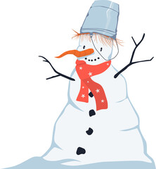 Cartoon snowman with a carrot nose and a bucket on his head. 