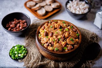 Kidney beans tomato paste sausage rice stew in a bowl