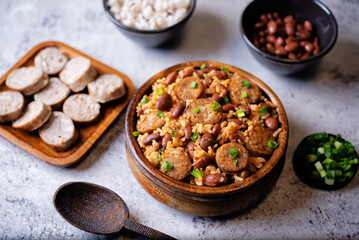 Kidney beans tomato paste sausage rice stew in a bowl