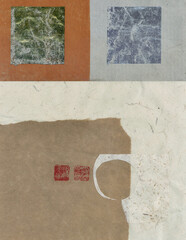 Wabi-sabi handmade mixed medium collage art using traditional Japanese papers with various natural and printed ephemera.  - 549106162