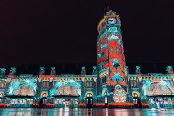 La Rochelle, France - November 22 2022 : Festival of Lights for the centenary of the station of La Rochelle. night street festival