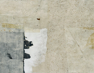 Wabi-sabi handmade mixed medium collage art using traditional Japanese papers with various natural and printed ephemera. 