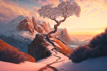 Beautiful fantasy winter landscape with a huge tree. mountains in the distance with sunrise