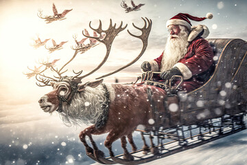 Obraz na płótnie Canvas Surrealer Weihnachtsmann mit Rentieren und Schlitten fliegt zur Bescherung Abstrakt Illustration AI Digital Art Humor Cartoon Backdrop Hintergrund Karte Card