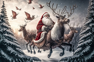 Surrealer Weihnachtsmann mit Rentieren und Schlitten fliegt zur Bescherung Abstrakt Illustration AI Digital Art Humor Cartoon Backdrop Hintergrund Karte Card