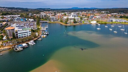 View of Port Macquarie in NSW surrounded by modern buildings and ships