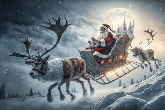 Surrealer Weihnachtsmann mit Rentieren und Schlitten fliegt zur Bescherung Abstrakt Illustration AI Digital Art Humor Cartoon Backdrop Hintergrund Karte Card