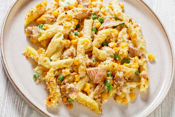 portion of Tuna Mornay on plate, top view