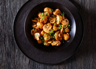Spanish Garlic Mushrooms in bowl, top view