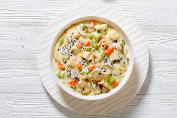 Turkey Wild Rice Soup in bowl, top view