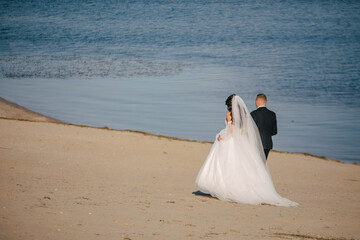 Fototapeta na wymiar Brides walk on the beach