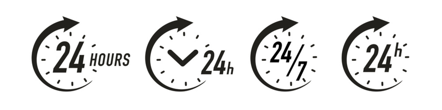 24 hours timer vector symbol black color style isolated on white background. Clock, stopwatch, cooking time label. 10 eps