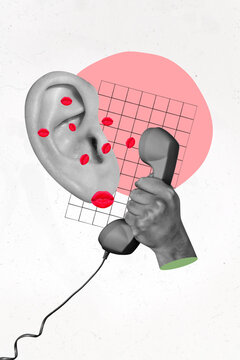 Vertical collage illustration of human arm black white gamma hold telephone big ear listen send lips kiss isolated on painted background