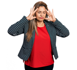 Middle age latin woman wearing business jacket with hand on head, headache because stress. suffering migraine.