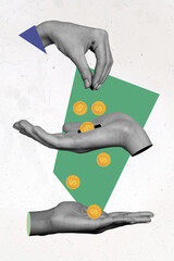 Creative 3d collage artwork poster postcard of three arm give next golden coin isolated on drawing colorful background