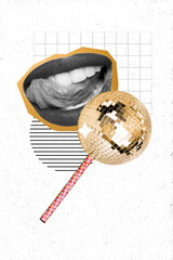 Vertical composite collage of girl mouth tongue lick lips teeth black white gamma disco ball...