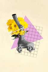 Vertical composite collage of human arm black white effect tying rollerblades laces yellow flowers inside isolated on painted background