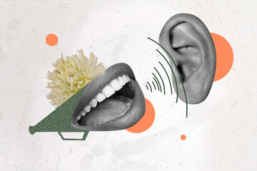Composite collage picture of human mouth speak tell ear listen hear black white gamma isolated on creative background - obrazy, fototapety, plakaty
