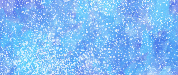 Christmas vector blue art background with white snowflakes for cards, flyers, poster, banner. Snowfall. Sky, clouds. Holiday winter illustration. Merry Christmas! Happy New Year!