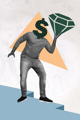 Vertical collage picture of black white effect guy dollar symbol instead head arm hold painted...