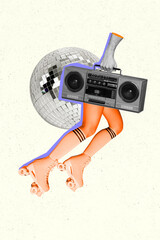 Vertical collage picture of girl legs ride vintage rollerblades hand hold boombox huge disco ball...