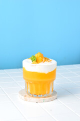 King Mango Thai is a mango juice drink from Thailand combined with whipped cream and yogurt, served with toping sliced mango. This drink is booming in Indonesia, because healthy and low fat