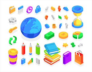 Set of icons. Collection of colorful objects. Flat, 3d, vector, isometric, cartoon style illustration isolated on white background