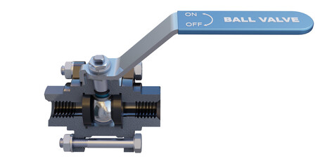 A cut out ball valve in an open position showing the internal seals, valve stem, and lever. The cross-section shows the bonnet, gaskets and body as well.
