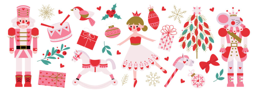 Christmas set of characters from the winter tale ballet Nutcracker's story. Nutcracker, mouse king, princess ballerina, snowflakes, gifts, christmas tree, toys, drumm mistletoe, berries. Vector.