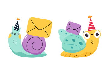 Cute Snail Character with Shell Carrying Envelope on Its Back Vector Set