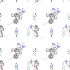 Fototapeta premium Cartoon mice watercolor illustration with forget me not. Сute move. Watercolor seamless pattern