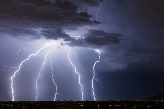Lightning bolt strikes in a storm over Tucson, Arizona