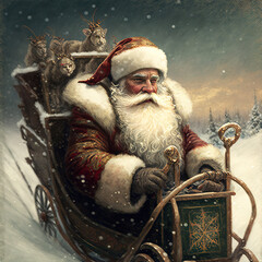 Christmas card illustration vintage style, oil pastel hand-painted style ai generated, Santa Claus riding a sleigh on a snowy day ai generated
