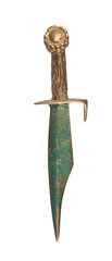 Ancient short knife dagger stabbing old knife with green blade. Old weapon concept