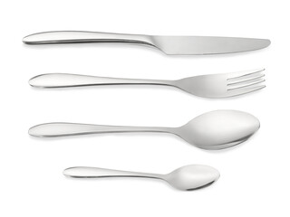 Cutlery set on white. Knife, fork, spoon and tea spoon. Png isolated with transperancy