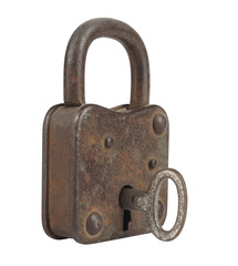 Old rusty padlock with key isolated on white background. Vintage aged security item